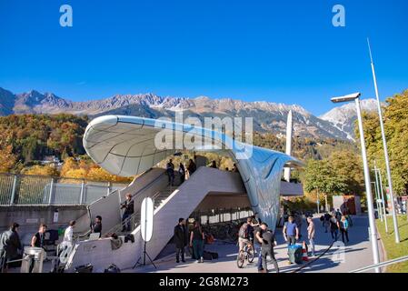 View of Hungerburgbahn, hybrid funicular railway Loewenhaus station designed by Zaha Hadid in Innsbruck, Austria. Taken in Innsbruck, Austria on Octob Stock Photo