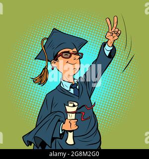 male college or university graduate, a winning gesture. Knowledge and science Stock Vector