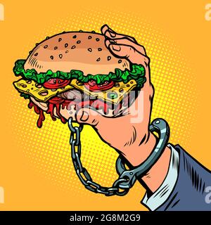 fast food addiction. The burger is handcuffed to the man hand. Street food and restaurants Stock Vector