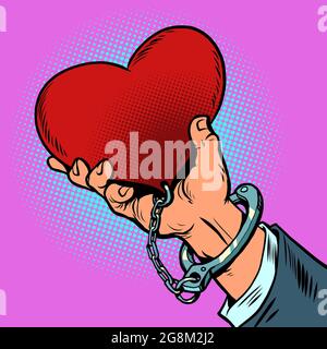 dependence on love. the red heart is handcuffed to the man hand. Valentine Day Stock Vector
