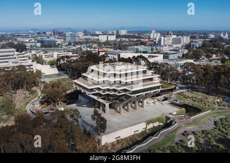 Drone shot of Geisel library at University of San Diego campus Stock Photo