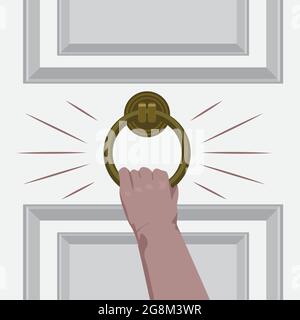Hand knock on the door of the room. Flat and solid color vector illustration. Stock Vector