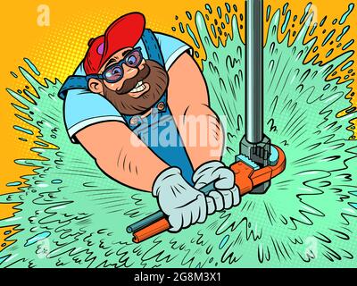 A male plumber repairs the water supply. Water breakthrough Stock Vector