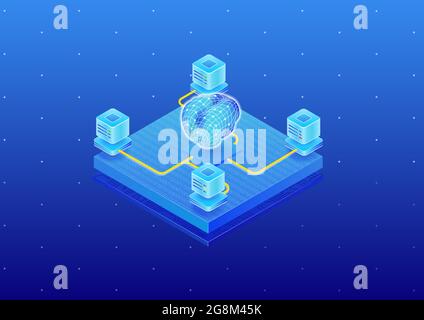Concept of artificial intelligence software powering a modern data center. Isometric 3D vector illustration of a server farm and digital brain. Stock Vector