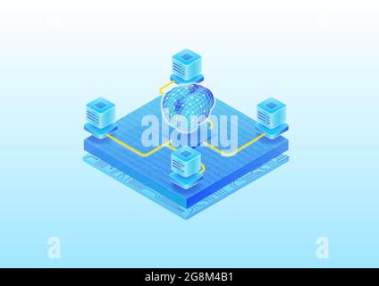 Concept of artificial intelligence software powering a modern data center. Isometric 3D vector illustration of a server farm and digital brain. Stock Vector
