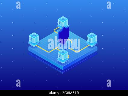 Data center security concept. Isometric 3D vector illustration of a cloud server farm which is secured by IT security. Stock Vector