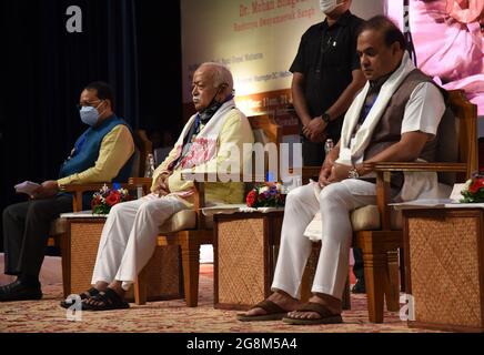 Guwahati, Guwahati, India. 21st July, 2021. Mohan Bhagwat chief of Rashtriya Swayamseval Sangh (RSS) and Himanta BIswa Sarma chief minister of Assam during the launch of the Book Citizenship Debate over NRC &CAA written by Nani Gopal Mahanta at Srimanta Sankardeva International auditorium, Kalakshetra in Guwahati Assam India on Wednesday 21st July 2021 (Credit Image: © Dasarath Deka/ZUMA Press Wire) Stock Photo