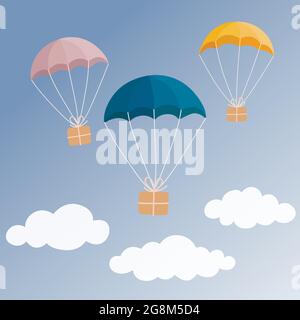 Delivery concept. Colorful parachute carrying gift boxes on light blue sky background. Stock Vector