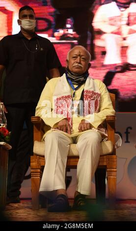 Guwahati, Guwahati, India. 21st July, 2021. Mohan Bhagwat chief of Rashtriya Swayamseval Sangh (RSS) during the launch of the Book Citizenship Debate over NRC &CAA written by Nani Gopal Mahanta at Srimanta Sankardeva International auditorium, Kalakshetra in Guwahati Assam India on Wednesday 21st July 2021. (Credit Image: © Dasarath Deka/ZUMA Press Wire) Stock Photo