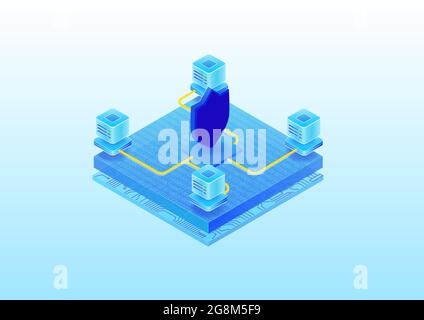 Data center security concept. Isometric 3D vector illustration of a cloud server farm which is secured by IT security. Stock Vector