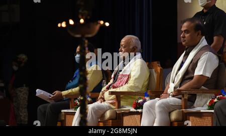 Guwahati, Guwahati, India. 21st July, 2021. Mohan Bhagwat chief of Rashtriya Swayamseval Sangh (RSS) and Himanta BIswa Sarma chief minister of Assam during the launch of the Book Citizenship Debate over NRC &CAA written by Nani Gopal Mahanta at Srimanta Sankardeva International auditorium, Kalakshetra in Guwahati on Wednesday 21st July 2021 (Credit Image: © Dasarath Deka/ZUMA Press Wire) Stock Photo