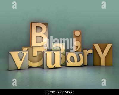 Printing blocks of some alphabet letters and numbers. Digital illustration. Stock Photo