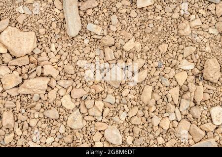 Close shot dry gravelly earth. For 2022 heatwave, drought in UK, parched earth, crop losses, European / US heatwave, hot summer season, aridification. Stock Photo