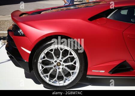 Modena, Italy, july 1 2021 - Lamborghini Huracan Evo sport car detail, Motor Valley Exhibition Stock Photo