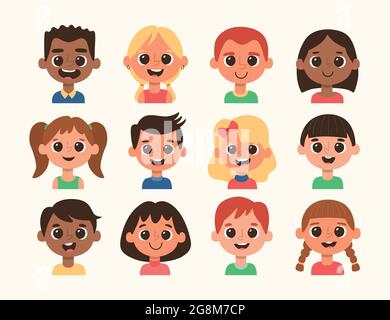 Cartoon children avatar set. Different hair style and skin color. Set 2 of 4. Stock Vector