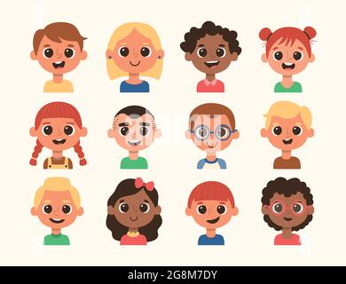 Cute children avatar set. Different hair style and skin color. Cartoon illustration. Set 1 of 4. Stock Vector