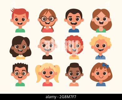 Cute children avatar set in cartoon style. Different hair style and skin color. Vector illustration. Set 3 of 4. Stock Vector