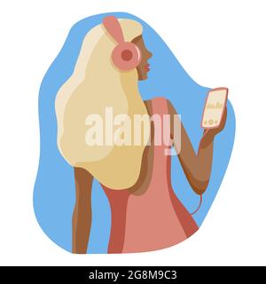 Girl flat character listens music in headphones from phone, woman with phone in hand. Blonde lady enjoy sound audiobook or meditation vector illustrat Stock Vector