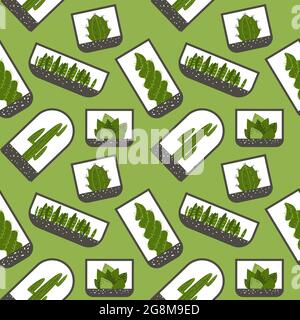 Seamless green plants pattern cactus and succulents in glass pots. House exotic plants background, transparent jars vector illustration Stock Vector