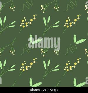 Seamless minimalistic floral pattern of yellow mimosa flowers and green bamboo branches with leaves and grass on deep green background vector illustra Stock Vector