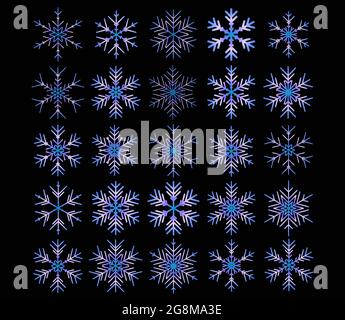 Vector set of different snowflakes on black background Stock Vector