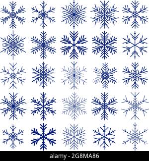 Vector set of different snowflakes on black background Stock Vector