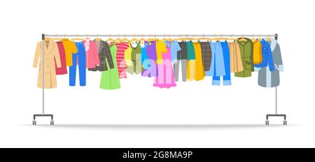 Women clothes on long rolling hanger rack. Many different garments hanging on store hanger stand with wheels. Flat cartoon vector illustration. Graphi Stock Vector