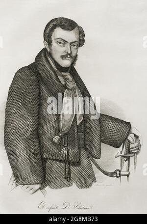 Sebastian Gabriel of Bourbon and Braganza (1811-1875). Infante of Spain and Portugal. Carlist army commander in the Fist Carlist War. Portrait. Engraving by Pedro Celestino Maré. Panorama Español, Crónica Contemporánea. Madrid, 1842. Stock Photo