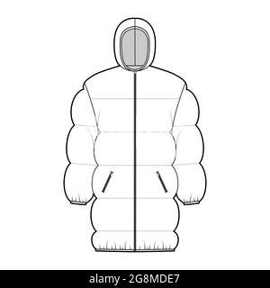 Down puffer jacket coat technical fashion illustration with hoody collar, zip-up closure, pockets, oversized, thigh length. Flat template front, white color style. Women, men, unisex top CAD mockup Stock Vector