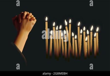 Realistic vector illustration of hands clasped in prayer with lit candles against dark background Stock Vector