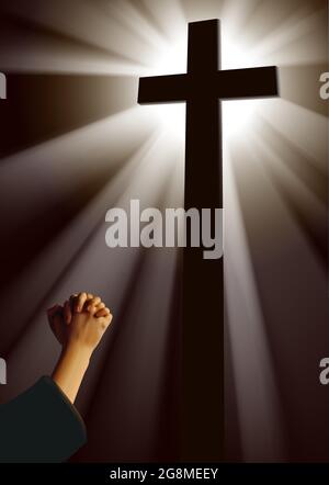 Vector illustration of  praying female hands with silhouette of a cross backlit against a dark background with beams of light Stock Vector