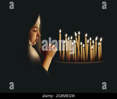 Young novice nun praying with candles Stock Vector