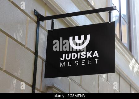 Stockholm, Sweden July 21, 2021: The Swedish Jewish Museum entrance sign located in Old town district. Stock Photo
