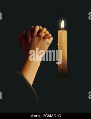 Realistic vector illustration of hands clasped in prayer with lit candle against dark background Stock Vector