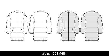 Down puffer jacket coat technical fashion illustration with long sleeves, stand collar, pockets, thigh length, wide quilting. Flat template front, back, white, grey color. Women, men, top CAD mockup Stock Vector