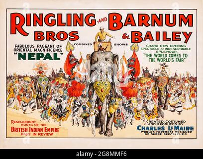 Vintage Circus poster, Nepal (Ringling Brothers and Barnum and Bailey, c. 1938). Beautiful poster feat. circus artist and elephants. Stock Photo