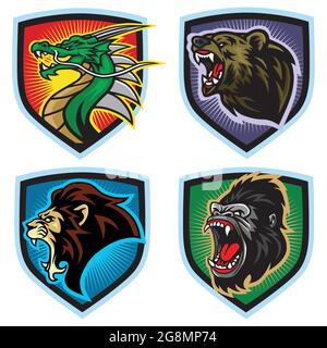 Wild Animals Logo Set. Dragon, Lion, Bear, Gorilla, Esports Vector Mascot Logo Design Illustration Stock Vector