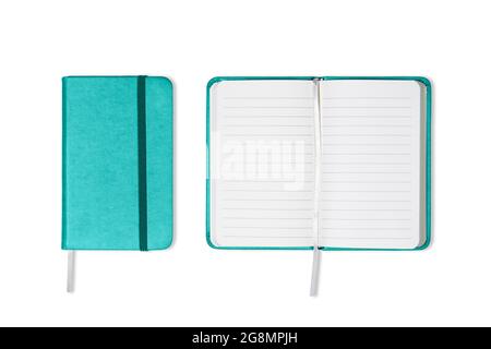 Top view of blue office notebook and open and closed isolated on white background for mockup Stock Photo