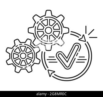 Optimize operation process, data update. Rotate gear with checkmark line icon. Repair service, upload file. Completion action. Finish work. Vector Stock Vector
