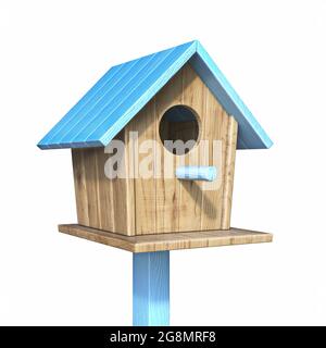 Birdhouse with blue roof 3D render illustration isolated on white background Stock Photo