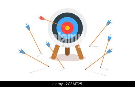 Archery target ring with one hitting and many missed arrows. Dartboard ...
