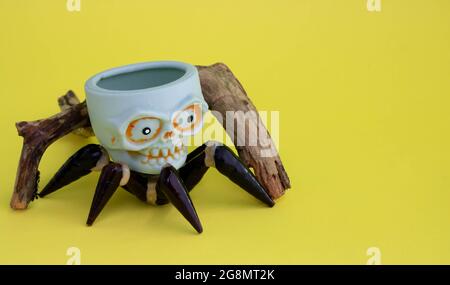 On a yellow background, a toy skull with spider legs crawls out from under a snag. The concept of Halloween. Place for your text. Stock Photo