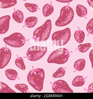 Strawberries pattern, colorful seamless vector pattern with hand drawn summer berries, pink and red fruit, good as fabric print, colored cartoon Stock Vector