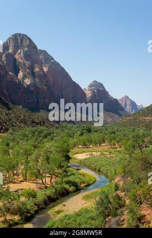 Looking down the canyon valley at Zion National Park on a beautiful Summer morning. Stock Photo