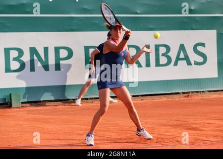 Gdansk, Poland. 21st July, 2021. Irina Bara (ROMANIA) plays against Kristina Kucova (SLOVAKIA) during the BNP Paribas Poland Open Tournament (WTA 250 category) in Gdynia. Game suspended with score 3:6, 7:5, 2:4 (Kucova - Bara). Credit: SOPA Images Limited/Alamy Live News Stock Photo