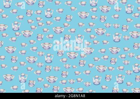 Multiplied kids toy porcelain serving set on trendy pastel blue background. Minimal dining and serving concept. Stock Photo