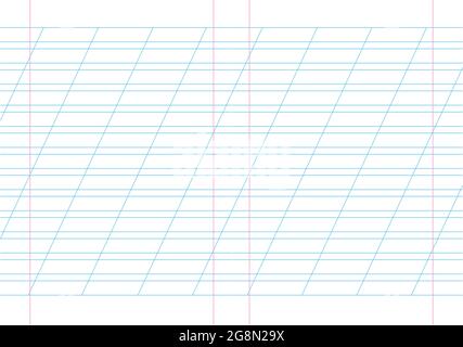 Empty incline lined pages notebook school blank pad, vector background. blue striped copybook. red ruled double sheet grid Stock Vector