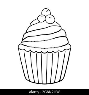 Cupcake with cream and berries isolated on white background. Vector hand-drawn illustration in doodle style. Perfect for cards, menu, logo, invitations, decorations. Stock Vector