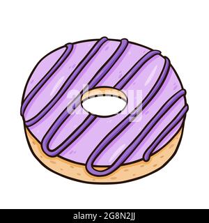 Berry baked donut with glaze isolated on white background. Dessert with blueberry filling. Vector hand-drawn illustration in colored doodle style. Perfect for your project, menu, logo, decorations. Stock Vector