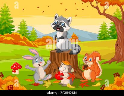 Cartoon wild animals in the autumn forest Stock Vector